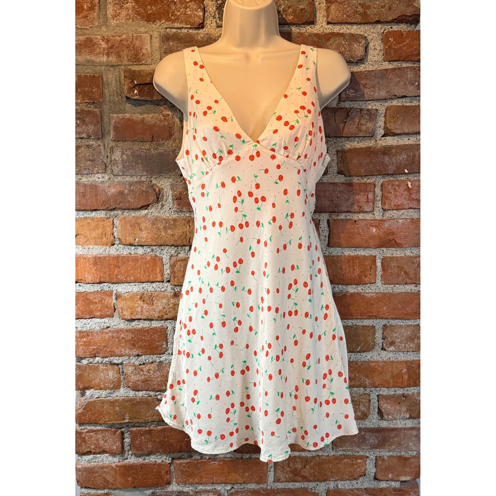 Zara Womens Cherry Print V-Neck Mini Dress Cream Red Pink Polka Dot Size Medium